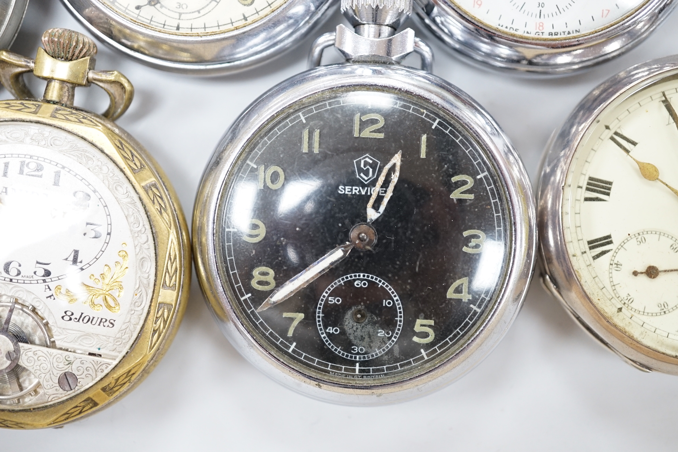 Ten assorted base metal pocket watches including Frenca, Smiths and gun metal.